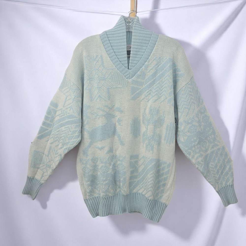 VTG Profile Woman V-Neck Sweater Pullover Knit Patterned Wool Blend‎ Blue Large